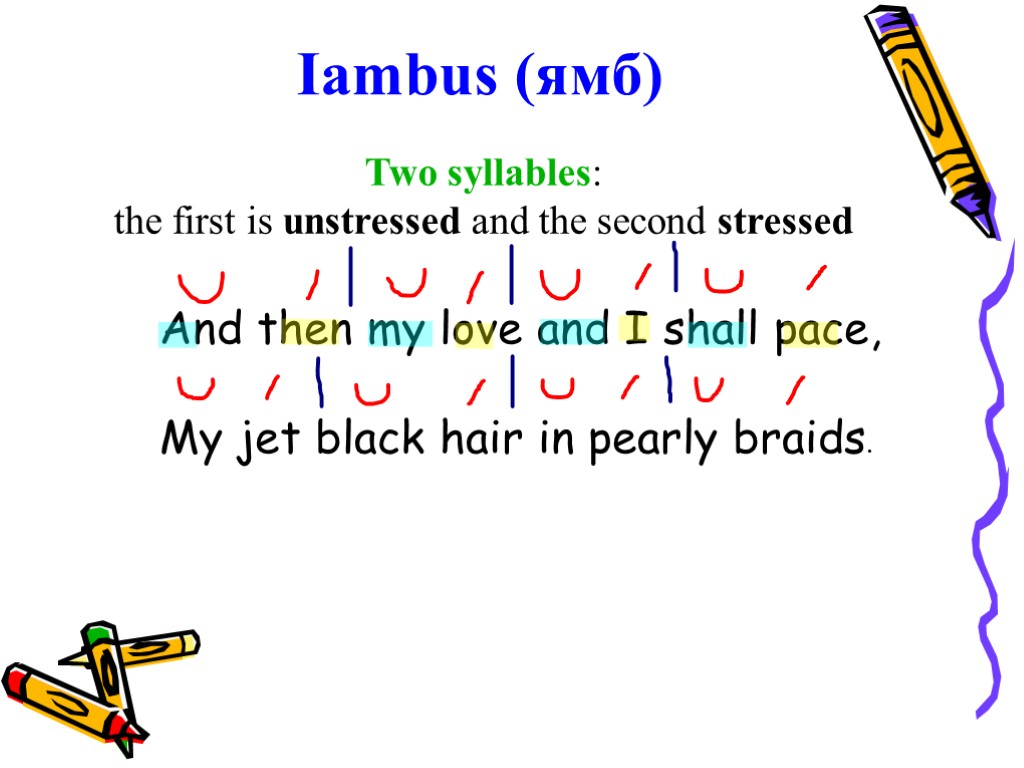 Iambus (ямб) Two syllables: the first is unstressed and the second stressed And then